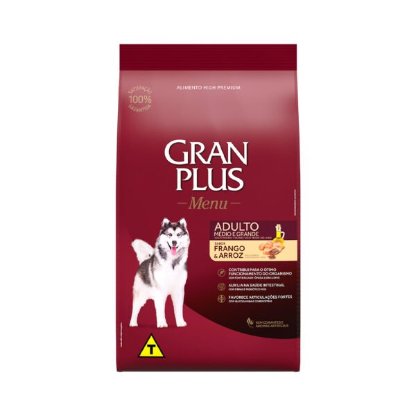 Ração Gran Plus Menu Para Cães Adultos de Porte Médio e Grande Sabor Frango e Arroz 15kg