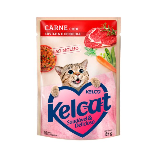 Sachê Kelcat para Gatos Sabor Carne com Ervilha e Cenoura 85g