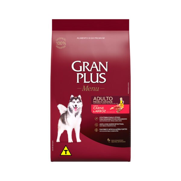 Ração Gran Plus Menu Para Cães Adultos de Porte Médio e Grande Sabor Carne e Arroz 15kg