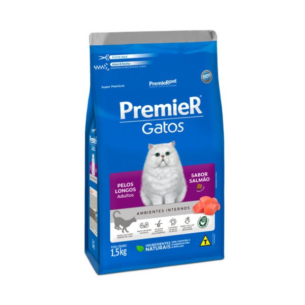 Ração Premier Ambientes Internos Gatos Adultos Pelos Longos Salmão 1,5kg